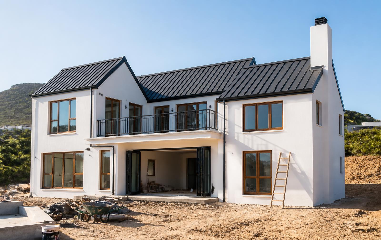 Modern South African double storey house nearing completion on a construction site