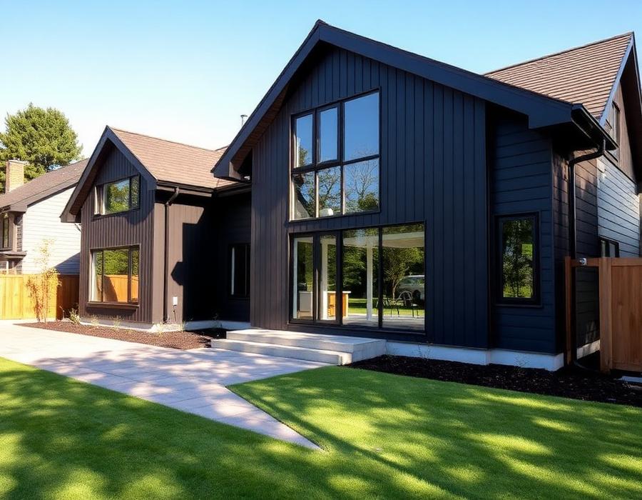 Modern house exterior with new paving and landscaped lawn