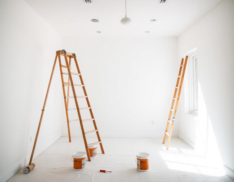 Interior renovation with freshly painted white walls and paint equipment