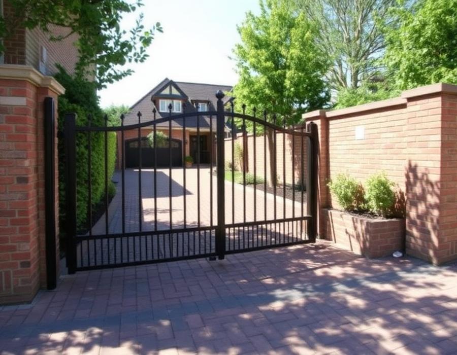 Residential paved driveway with steel security gate and boundary wall