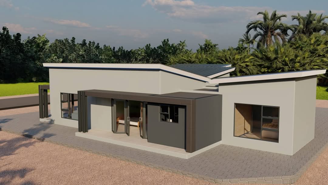 3D render of a modern flat roof home with paved courtyard