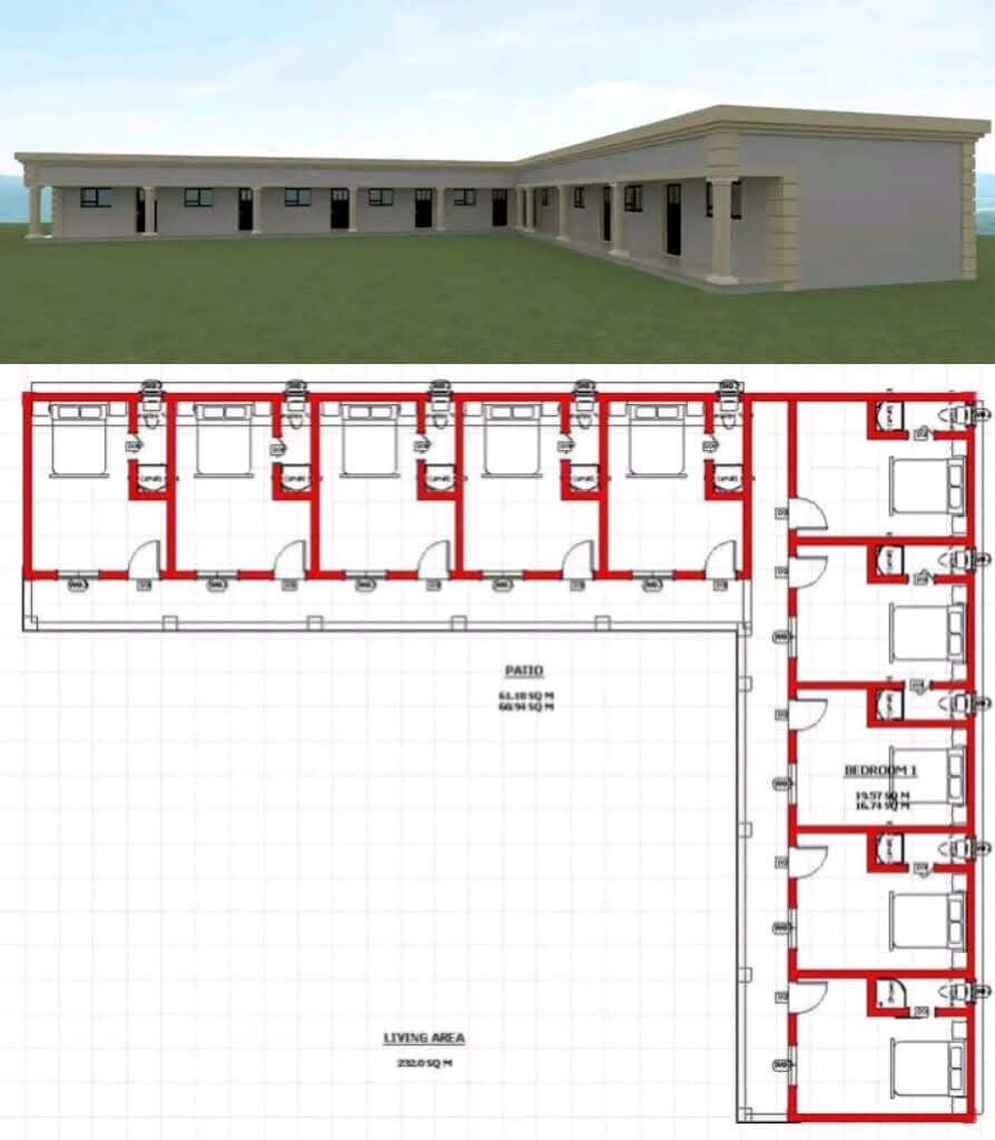 Guest lodge design render with matching multi-room floor plan