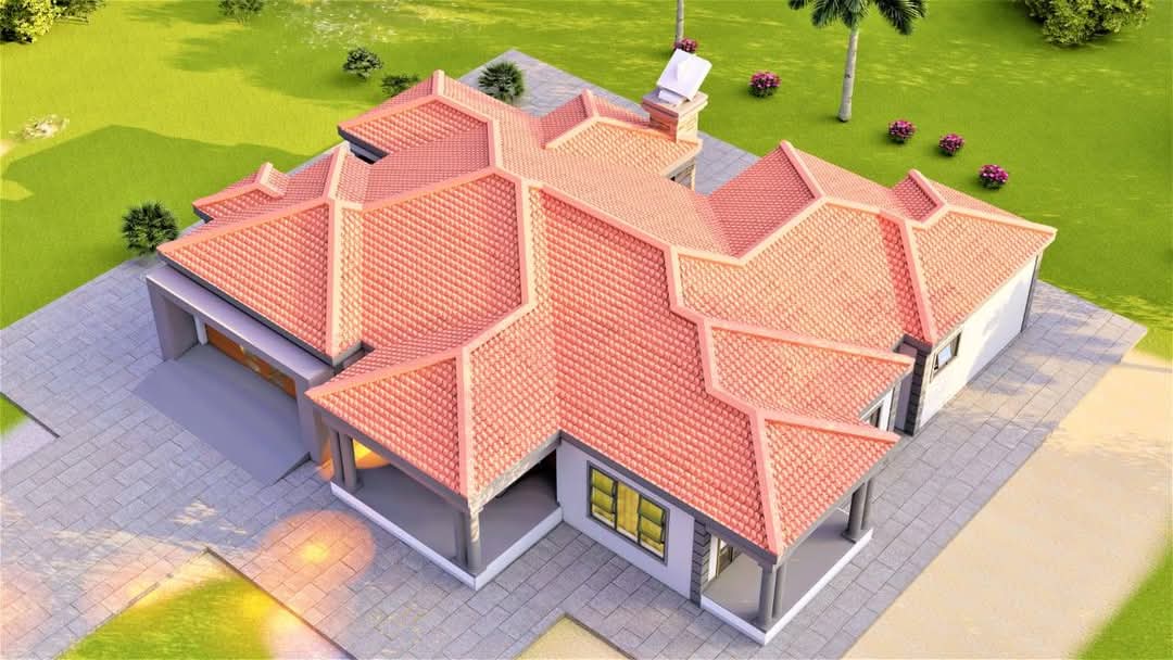 Aerial 3D render of a large tiled roof family home with paved driveway